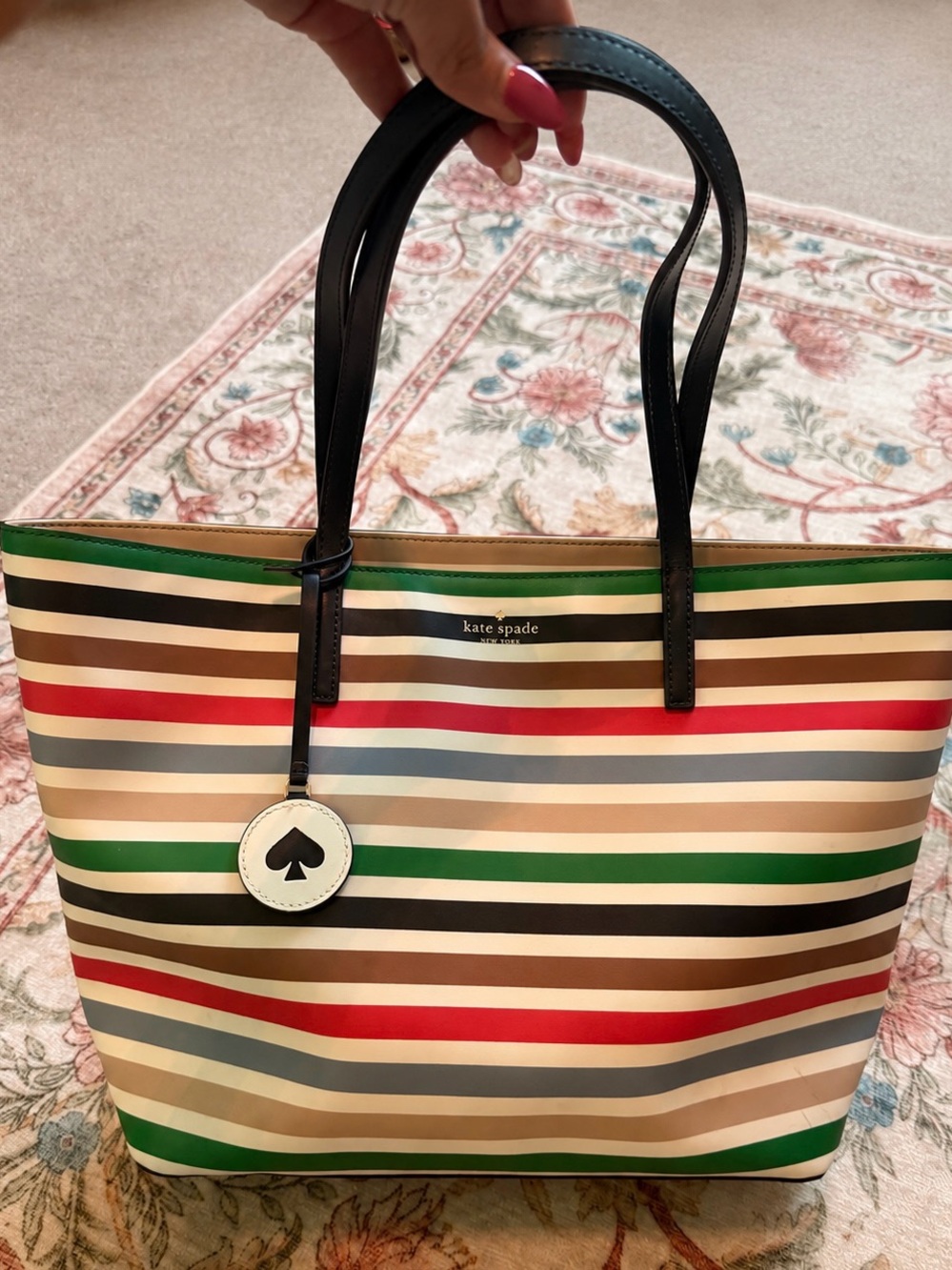 kate spade Multi-Color Striped Canvas Tote with Black Handles